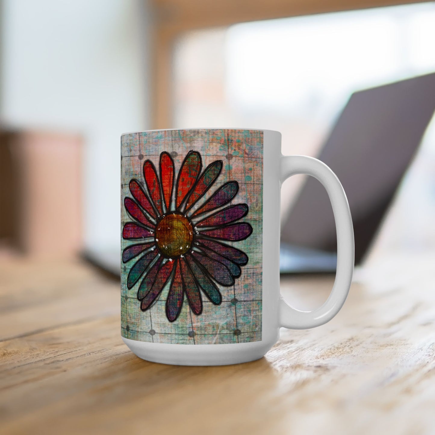 Grungy Flowers Ceramic Mug, 15oz