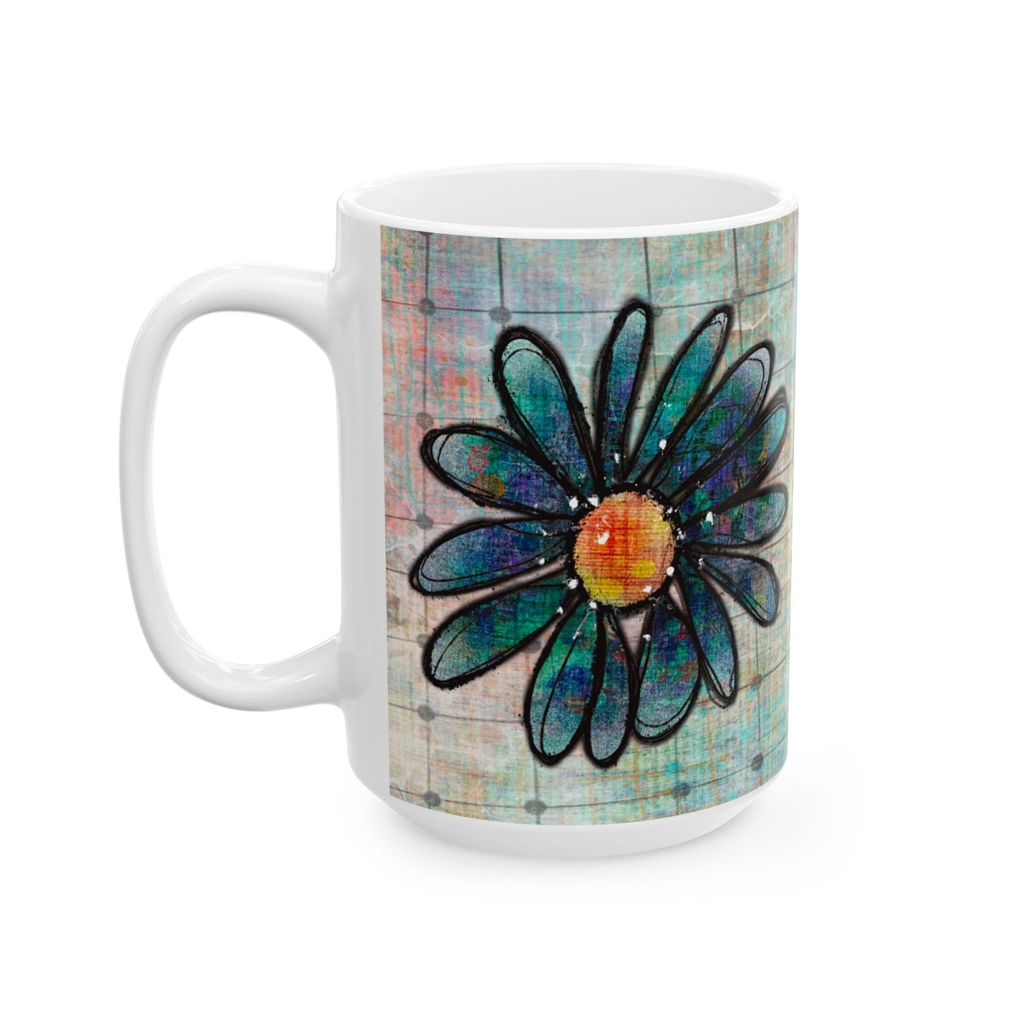 Grungy Flowers Ceramic Mug, 15oz